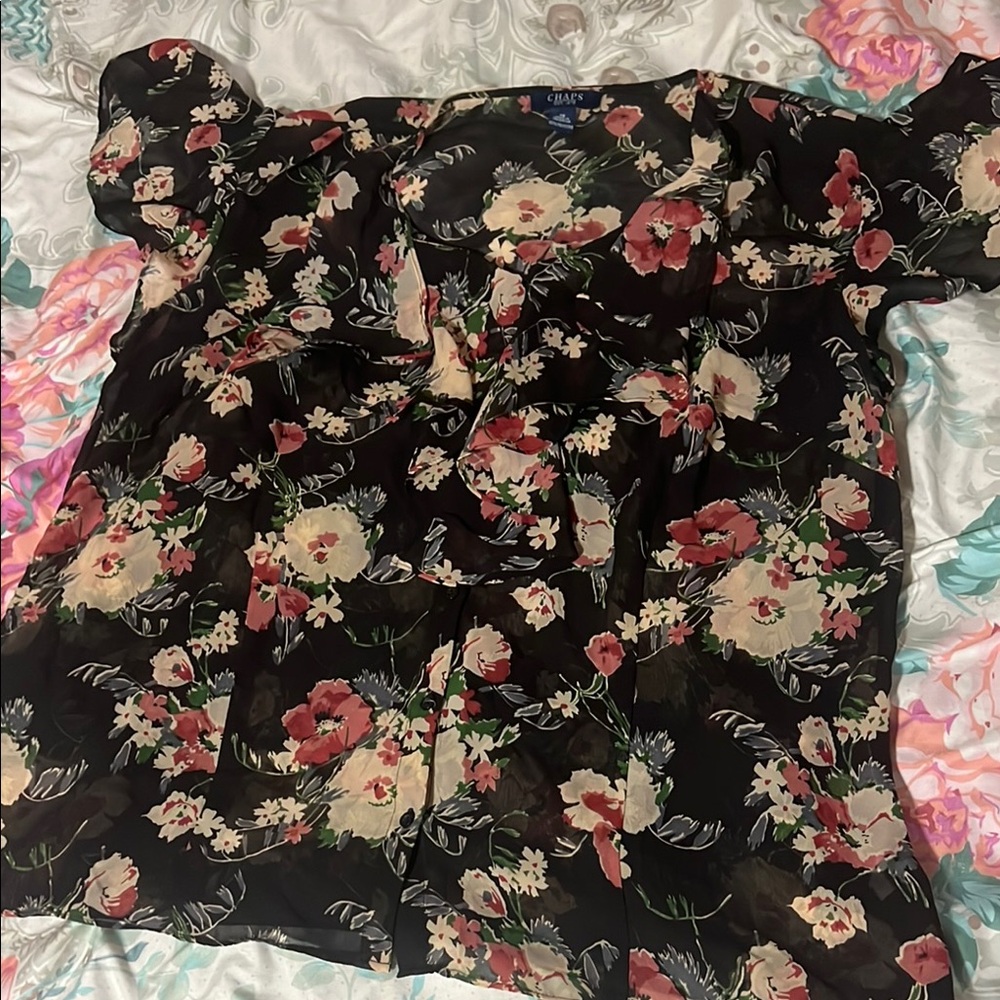 Chaps Black and Pink Ruffled Tie Front Blouse